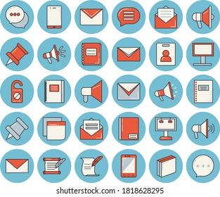 Thin line blue tinted icon set - billboard flat vector, mouthpiece, chat, notebook, sticker, mail, hostory roll, pushpin, indentity card, do not disturb, message, envelope, mobile