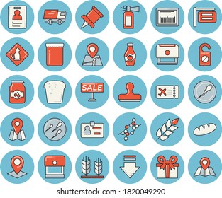 Thin line blue tinted icon set - bread flat vector, jam, ketchup, signboard, location, present, sell out, trucking, barcode, DNA, sperm, badge, stamp, pushpin, ear, ticket, pets allowed, download