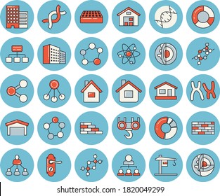 Thin line blue tinted icon set - crane flat vector, house, brick wall, hook, door lock, skyscraper, warehouse, hierarchy, molecules, DNA, chromosomes, office building, clircle diagram, molecule