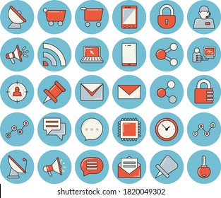 Thin line blue tinted icon set - satellite antenna flat vector, grocery trolley, target audience, telephone operator, scatter chart, mouthpiece, chat, diagnostics, laptop, mail, cpu, share, message