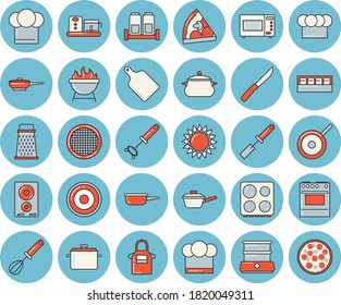 Dünne, blaue, getönte Ikonenset - saucepan-Flachvektor, Bratpfanne, Saute, Teflon, Kochmütze, Vorfeld, Küchenspatel, Whisk, Messer, Schneidbrett, Elektroherd, Induktionskocher, Gas, Mikrowelle