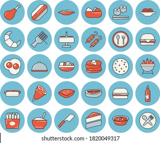 Thin line blue tinted icon set - cake flat vector, knives, barbecue, dish, table setting, chop, ham, biscuit, pancakes, croissant, spaghetti on a fork, hamburger, hot dog, salad, soup, porridge