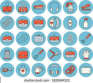 Leuchtend blauer, getönter Icon-Set - Vorfeld-Flavektor, Whisk, Grater, Pulverizer, Secateurs, Handschuhe, Gehäuse, Aktenkoffer, Klammer, Heftklammer, Fitness-Armband, Bindemittel, Headset