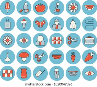 Thin line blue tinted icon set - tile flat vector, colander, towel, jugful, mushroom, tomato, onion, carrot, watermelon, ice cream, flower, butterflies, person, businessman, luggage, suitcase, eye