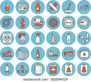 Dünnbläulich getöntes Symbol-Set - Rohre mit flachem Vektor, Sockel, Messbecher, Messbecher, Lebensmittelverarbeiter, Sieb, Ketschup, Soda, Kaffee, Senf, Streichholz, Schlauch, Kanister, Kreditkarte, Telefon, Wasser