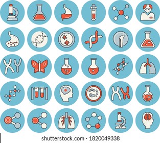 Juego de íconos de tintado de color azul delgado - mariposas vector plano, química, moléculas, análisis médico, ADN, cromosomas, fractura ósea, estómago, pulmones, matraz, molécula, microscopio, científico, zapatillas