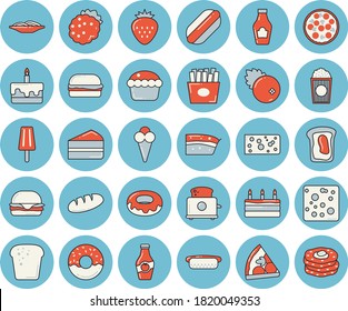 Thin line blue tinted icon set - toaster flat vector, ketchup, cheese, bread, spaghetti, hamburger, hot dog, pizza, cupcake, piece of cake, donut, French fries, popcorn, ice cream, cranberry