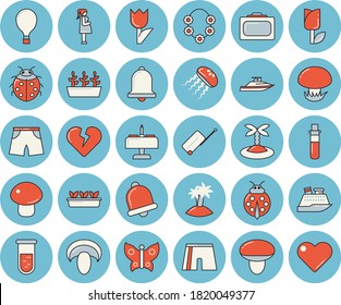Thin line blue tinted icon set - mushroom flat vector, ladybird, tulip, seedlings, butterflies, blood test, gestation, athletic shorts, balloon, luggage, suitcase, island, hawaiian wreath, yacht