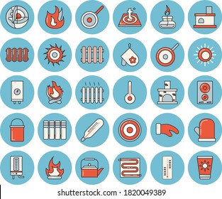 Thin line blue tinted icon set - warm floor flat vector, heating batteries, boiler, hiking pot, teflon, teapot, potholder, fire, induction cooker, temperature, thermometer, bonfire, fireplace, sun