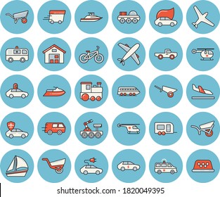 Thin line blue tinted icon set - wheelbarrow flat vector, pickup truck, garden, eco cars, electric, autopilot, trucking, express delivery, sailboat, warehouse, ambulance, helicopter, lunar rover