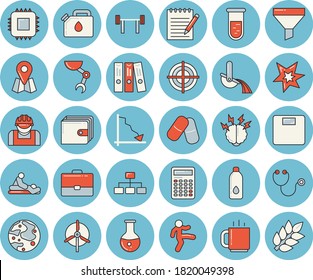 Dünnbläulich getöntes Symbol-Set - Bauarbeiter flache Vektorgrafik, Kanister, Hauptplatine, Metallurgie, Trichter, Gehäuse, Standort, Krise, Handtasche, Pillen, Bluttest, Stethoskop, medizinische Analyse, Massage