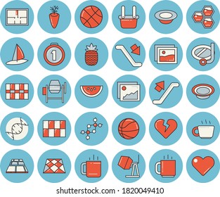 Thin line blue tinted icon set - concrete mixer flat vector, house layout, tile, flooring, watermelon, dish, carrot, tea, pineapple, honeycomb, metallurgy, coffee, dna, medal, basketball, escalator