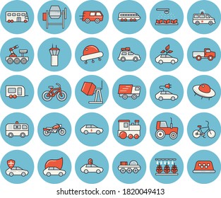 Juego de íconos de color azul claro - mezclador de hormigón vector plano, camioneta, tractor, máquina de rociar, eco-coches, eléctrico, piloto automático, camionaje, ambulancia, todoterreno, ufo, bicicleta, tren, coche, autobús