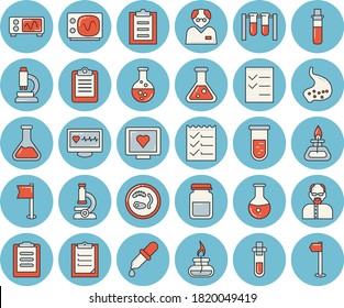 Juego de íconos de color azul claro - química vectorial plano, pipeta, análisis de sangre, diagnósticos informáticos de salud, portapapeles, análisis médico, estómago, lista de tareas, matraz, microscopio, quemador de gas, beakers