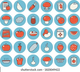 Thin line blue tinted icon set - colander flat vector, mushroom, potato, tomato, legumes, lemon, onion, watermelon, salad, soup, carrot, garlic, bell pepper, cucumber, cranberry, Strawberry, orange