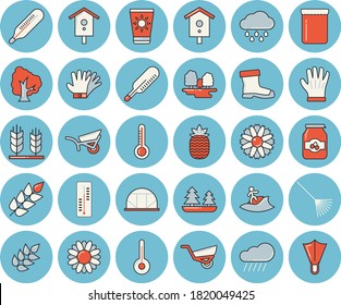 Thin line blue tinted icon set - temperature flat vector, ear, jam, pineapple, thermometer, nesting box, tree, flower, rake, garden wheelbarrow, gumboots, gloves, rain, greenhouse, forest, surfing