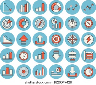 Juego de íconos de color azul delgado de línea azul - signboard vector plano, crisis, gráfico, estadísticas, dispersión, estadística, diagrama de clircle, destino, relámpago, logro, cronómetro, puntero, brújula, descarga, carga