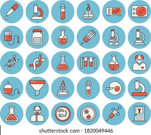 Juego de íconos tintados de color azul delgado - vector plano químico, embudo, transfusión de sangre, pipeta, prueba, jeringa, microscopio, análisis médico, ADN, inseminación artificial, matraz, quemador de gas, osciloscopio
