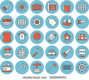Thin line blue tinted icon set - saw flat vector, fence, flooring, ax, hammer, hiking pot, rolling pin, cutting board, well, nesting box, tree, bonfire, bench, fireplace, forest, signboard, pointer