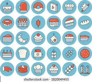 Thin line blue tinted icon set - cake flat vector, cook hat, potholder, rolling pin, toaster, groats, ear, pancakes, croissant, bread, cupcake, piece of, donut, biscuit, store front