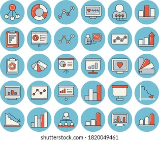 Dünnlinenblaue Farbzeichensatz - Farbschema flache Vektorgrafik, Hierarchie, grafischer Bericht, Krise, Diagramm, Streuung, Flipchart, Computerdiagnose der Gesundheit, Statistik, Klimadiagramm, Punkt