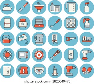 Thin line blue tinted icon set - drill screwdriver flat vector, sink, boiler, meashuring cup, teapot, electric kettle, ladle, kitchen spatula, stove, induction cooker, gas, microwave, toaster, mixer
