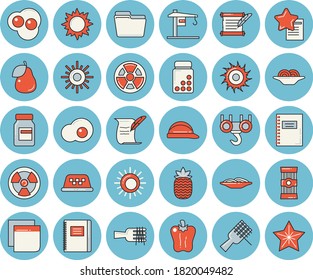 Thin line blue tinted icon set - crane flat vector, hook, hard hat, spaghetti, on a fork, bell pepper, scrambled eggs, pineapple, pear, sun, radiation, computer file, sticker, hostory roll, notebook