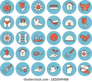Thin line blue tinted icon set - nesting box flat vector, tree, flower, ladybird, pitchfork, secateurs, seedlings, watering can, planting plants, garden wheelbarrow, gumboots, tulip, butterflies