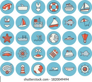 Thin line blue tinted icon set - fish flat vector, sashimi, oil production platform, lighthouse, sailboat, swimsuit, swimming, pool, earth, sea beach, chaise lounge, island, mask, flippers, starfish