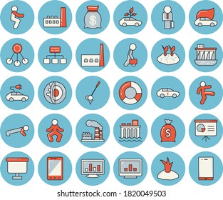 Thin line blue tinted icon set - planting plants flat vector, factory, hydroelectric power station, manufactory, eco cars, electric, hierarchy, wealth, flipchart, computer chart, clircle diagram