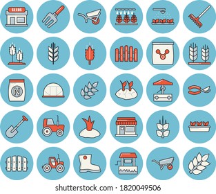 Thin line blue tinted icon set - wheelbarrow flat vector, ear, fertilizer vectory, well, grain warehouse, tractor, sprinkling machine, pitchfork, shovel, fence, secateurs, rake, planting plants