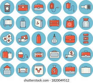 Thin line blue tinted icon set - tool bag flat vector, groats, spaghetti, on a fork, popcorn, fertilizer vectory, case, investments, wealth, bags, medical warmer, blood transfusion, briefcase, sport