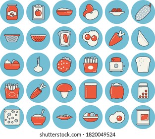 Juego de íconos de color azul claro - colador vector plano, tostadora, harina, setas, leguminosas, cebolla, zanahoria, queso, pan, espagueti, ensalada, avena, ajo, pepino, patatas fritas, huevos revueltos