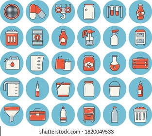Thin line blue tinted icon set - hook flat vector, tool bag, meashuring cup, glass jar, sieve, ketchup, sauce, jam, mustard, pulverizer, bucketful, oil tanks, canister, bottles, funnel, bags, pills