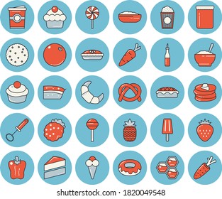 Thin line blue tinted icon set - cake flat vector, whisk, sauce, biscuit, pancakes, bagel, croissant, cupcake, piece of, donut, porridge, pie, lollipop, bell pepper, popcorn, ice cream, coffe, jam