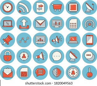 Thin line blue tinted icon set - satellite antenna flat vector, SIM card, grocery trolley, target audience, scatter chart, mouthpiece, chat, computer, laptop, mail, cpu, security, broadcast, upload