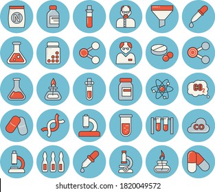 Juego de íconos tintados de color azul delgado - fertilizante vectorio plano, vector químico, dióxido de carbono, embudo, moléculas, pastillas, vial, pipeta, análisis de sangre, microscopio, ampolla, ADN, matraz, átomo, quemador de gas