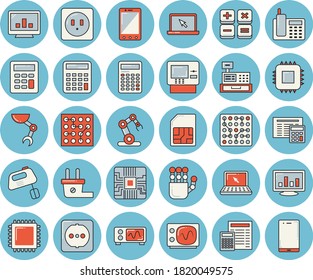 Thin line blue tinted icon set - sockets flat vector, calculator, mixer, plug socket, motherboard, SIM card, cash machine, computer chart, telephone, laptop, robot hand, cpu, oscilloscope, dispenser