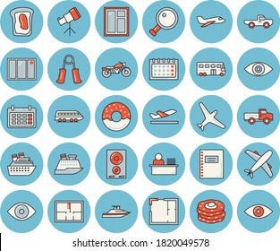 Thin line blue tinted icon set - window flat vector, house layout, induction cooker, donut, sandwich, pancakes, pickup truck, calendar, eye, office worker, magnifier, notebook, telescope, aircraft