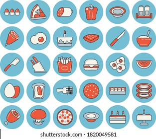 Thin line blue tinted icon set - knives flat vector, spice, plates, sausage, egg, watermelon, spaghetti on a fork, hamburger, pizza, cake, dish, porridge, ham, chop, bell pepper, French fries