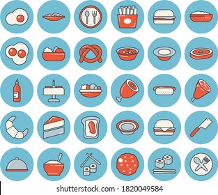 Juego de íconos de color azul claro - pastel vector plano, cuchillos, plato, puesta de mesa, bagel, cruasán, espagueti, hamburguesa, hot dog, ensalada, sopa, avena, jamón, chuleta, patatas fritas, rollitos de pescado