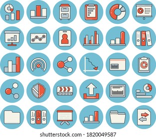 Juego de iconos teñidos de color azul de línea delgada - transportador vector plano, informe gráfico, crisis, gráfico, estadísticas, diagrama de flujo, código de barras, estadística, diagrama de clircle, archivo de computadora, carpeta, punto, archivo, seguridad