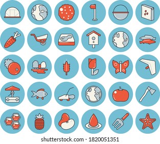 Thin line blue tinted icon set - ax flat vector, cauldron, groats, fish, legumes, cutlet, tomato, cranberry, pineapple, honeycomb, ear, well, nesting box, carrot, pitchfork, garden wheelbarrow, pool