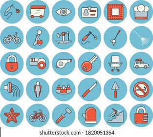 Thin line blue tinted icon set - trowel flat vector, cook hat, potholder, knives, meat hammer, rake, hose irrigation, oil pumping, welding, mining, express delivery, eye, teamwork, badge, cpu, size