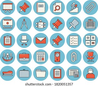Thin line blue tinted icon set - door lock flat vector, calculator, dividers, case, flipchart, clipboard, clip, drawing pin, computer file, magnifier, office chair, to do list, meeting, stamp, mail