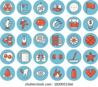 Thin line blue tinted icon set - skyscraper flat vector, measure, meashuring cup, mushroom, whiskey, scrambled eggs, honeycomb, flower, bonfire, forest, radiation, drop, crane, magnet, idea, flag