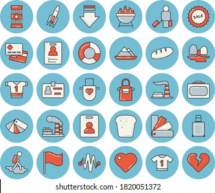Juego de íconos de tintado azul de línea delgada - combinación de colores vector plano, delantal, barbacoa, espagueti, pan, fábrica, bosque, tarjeta de crédito, bandera, venta, corazón, diagrama de clircle, insignia, cohete, camiseta deportiva, caminata