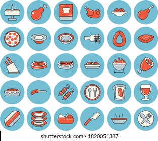 Thin line blue tinted icon set - knives flat vector, cookbook, barbecue, table setting, plates, chop, ham, sausage, spaghetti on a fork, hot dog, pizza, dish, salad, soup, pie, chicken, shashlik