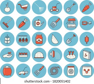Thin line blue tinted icon set - flour flat vector, groats, garlic, onion, jam, ear, fertilizer vectory, well, carrot, sprinkling machine, pitchfork, shovel, hose, secateurs, seedlings, rake