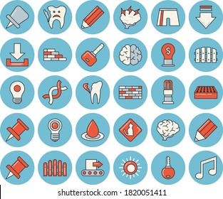 Thin line blue tinted icon set - brick wall flat vector, fence, conveyor, energy saving lamp, drop, idea, DNA, broken tooth, drawing pin, pencil, bulb, brainstorm, brain, athletic shorts, sun, key